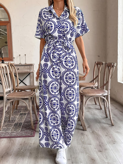 Women's Elegant Ethnic Floral Print Long Sleeve Jumpsuit - Navy Blue & White Retro-Inspired Button-Front Romper, Machine Washable Spring/Summer Dress for Casual & Formal Occasions, Floral Print Dress, Summer Outfit, Nontransp