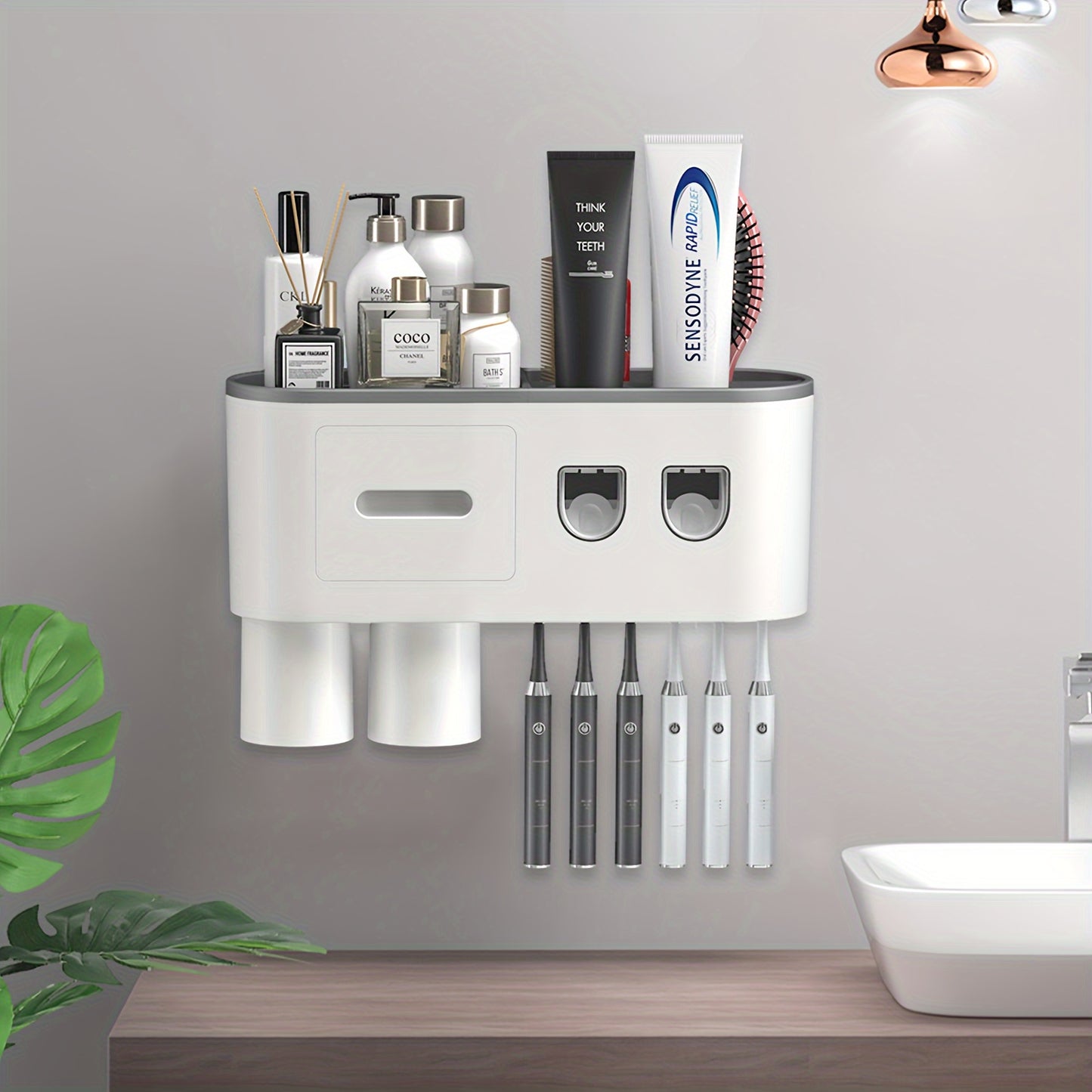 Wall-Mounted Toothbrush Holder with Automatic Dispenser - 6 Slots, Magnetic Cups, Cosmetic Drawer & Storage Tray - Sleek Black Bathroom Organizer
