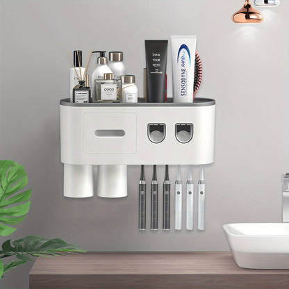 Wall-Mounted Toothbrush Holder with Automatic Dispenser - 6 Slots, Magnetic Cups, Cosmetic Drawer & Storage Tray - Sleek Black Bathroom Organizer