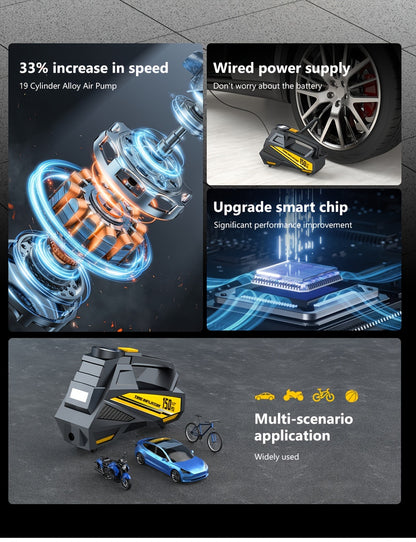 CaRSun Digital Tire Inflator, Portable Air Compressor Pump with LED Light for Cars, Motorcycles, Bicycles - DC 12V, 150 PSI, Black & Yellow Design, Plug-In Power Supply, No Battery Required, Bicycle Tire Inflator | Sleek Port