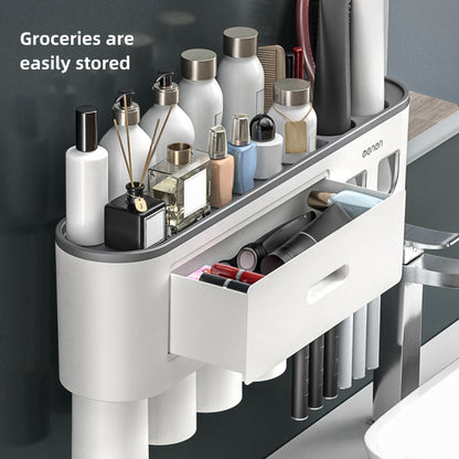 No Drill Adhesive Wall-Mounted Modern White Bathroom Organizer Set with 2-in-1 Magnetic Toothpaste Dispenser & Multi-Tier Storage Shelf - Space-Saving Over Sink Organizer with Suction Cup Hooks, Durable Plastic Construction f