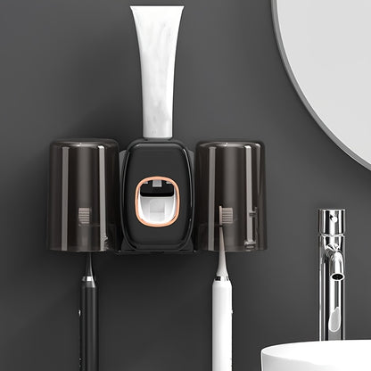 1pc Automatic Toothpaste Dispenser & Brush Holder, Toothbrush Holders With Automatic Toothpaste Squeezer Device For Bathrooms, Toothbrush Organizer With Cup, Wall Mounted Shower Room Decor Set
