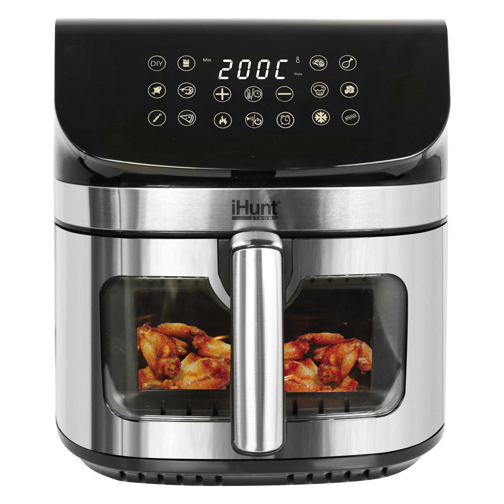 Air Fryer, Oil-Free, iHunt Bro Air Fryer Ultra, 9-Liter Capacity, Transparent Glass Drawer, Digital Display, 12 Cooking Functions, Adjustable Temperature, Defrost & Timer, Shake Reminder, 1800W, Black