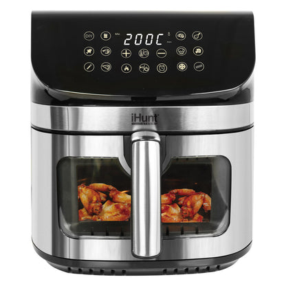 Air Fryer, Oil-Free, iHunt Bro Air Fryer Ultra, 9-Liter Capacity, Transparent Glass Drawer, Digital Display, 12 Cooking Functions, Adjustable Temperature, Defrost & Timer, Shake Reminder, 1800W, Black