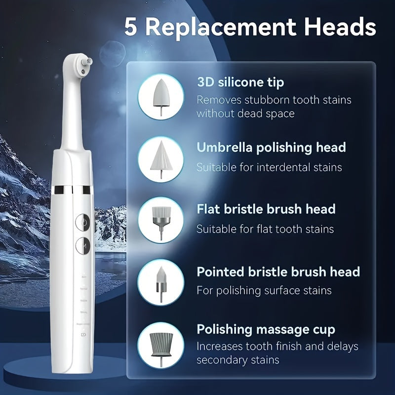 Tooth Polisher, Plaque Remover For Teeth Whitening Dental Tools Electric Tartar Polishing Teeth Cleaning Kit With LED Light 5 Speed Modes With 5 Replacement Brush Heads