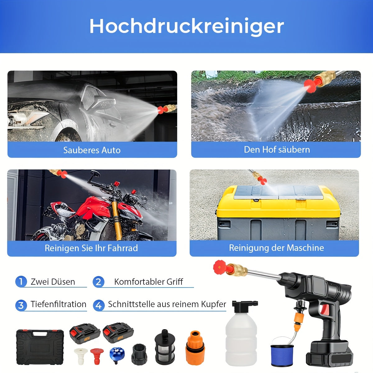 Lavadora de Alta Pressão Sem Fios 7MAGIC 6 em 1 com 2 Baterias e Caixa de Ferramentas - Recarregável, 100-240V, Plástico Durável, Multifunções para Manutenção de Relvados e Jardins, Pistola de Lavadora de Alta Pressão Sem Fios, Fácil de Usar