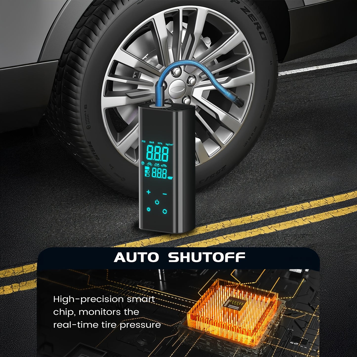 Recomendação: Bomba de ar de alta velocidade de 150 PSI com visor digital inteligente e luz de emergência para reparação de pneus. Adequada para encher carros, motas, bicicletas e diversos tipos de bolas. Versão preta obsidiana.