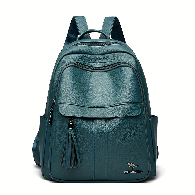 Women's 2025 New Style Synthetic Backpack with Tassel Charm - Glossy Black Soft Shell Travel Backpack, Detachable Adjustable Shoulder Straps & Zipper Closure, Spacious Laptop Compartment & Practical Pockets for Work, School,