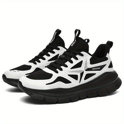 Men's Breathable Running Shoes - Lightweight Cross-Training Sneakers with MD Sole, White & Black Striped Low-Top Design for Gym, Jogging & Casual Wear, Sleek Sporty Look, Cushioned Comfort