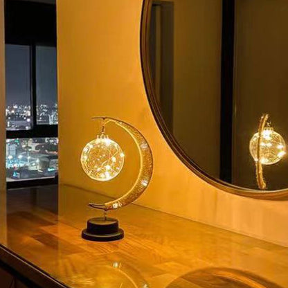 Candeeiro LED em forma de bola, candeeiro de lua em ferro forjado, candeeiro de mesa decorativo em plástico e ferro, candeeiro decorativo para quarto (pilhas não incluídas), decoração de Halloween e Natal para hotéis/restaurantes/eventos.