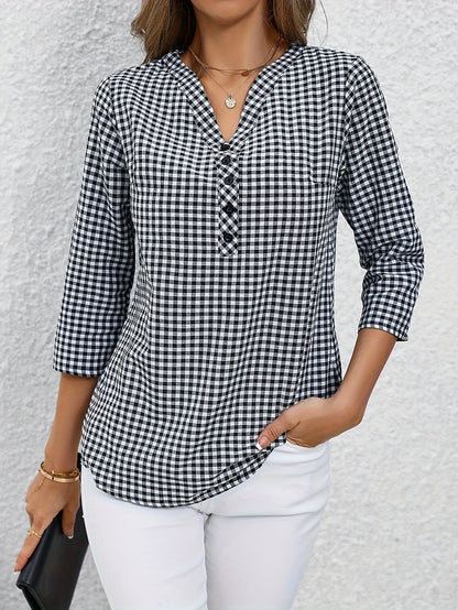 Plaid Print Button Notched Neck Blouse, Casual Rolled Sleeve Blouse For Spring, Women's Clothing