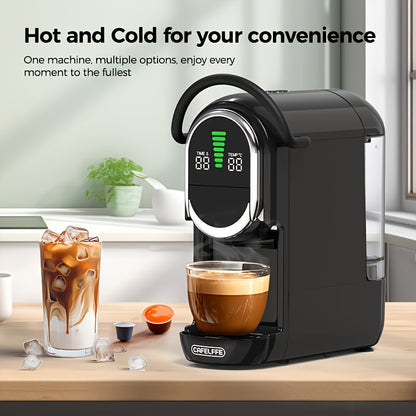 Cafeteira de cápsulas CAFELFFE 4 em 1, máquina de café automática com extração quente e fria, painel LCD visual, ajuste de água em 7 níveis. Compatível com cápsulas DG/Nes Original/café moído/ese, 19 bar. Ideal para casa/escritório.