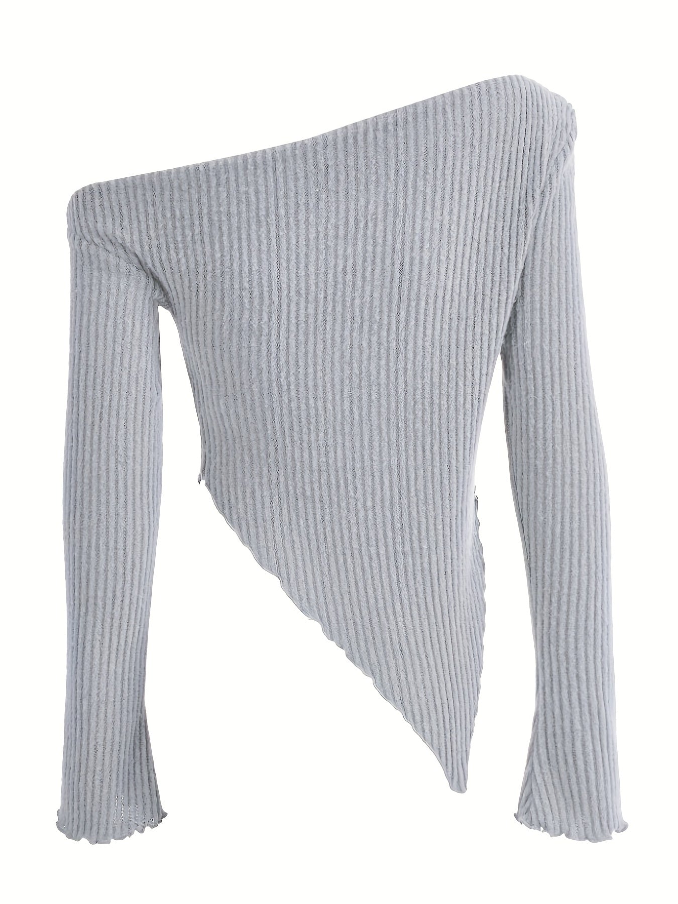 Solid Ruched Asymmetrical Neck T-Shirt, Casual Hanky Hem Long Sleeve Top For Spring & Fall, Women's Clothing