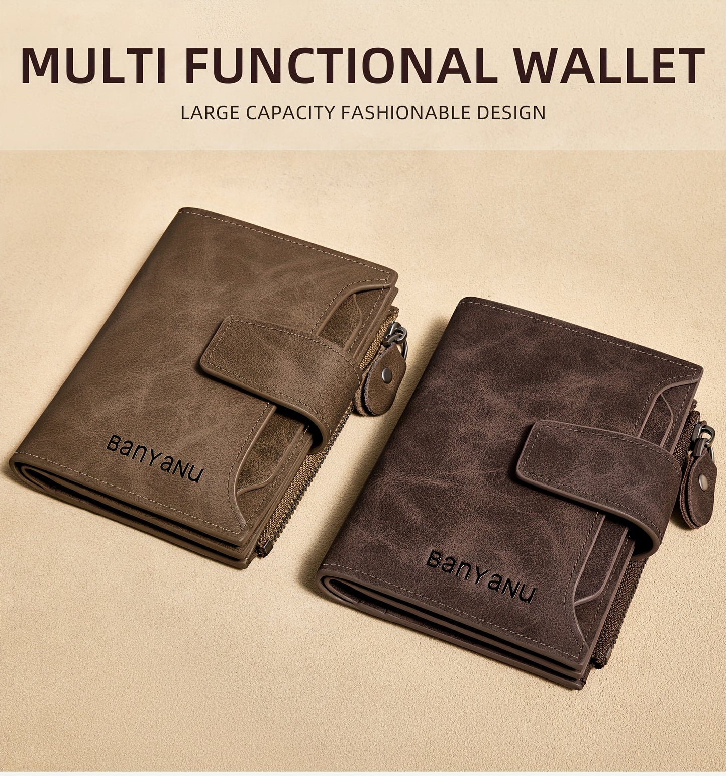 BANYANU Vintage Genuine Leather Wallet for Men - RFID Blocking, 17 Card Slots, Zippered Coin Pocket & Independent Card Holder, Brown, Perfect Father'S Day Gift, Secure Card Storage | Vintage Wallet | Durable Zipper Closure, B