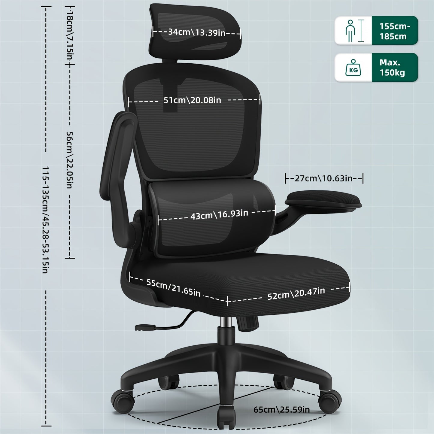 Cadeira de Escritório Ergonómica com Apoio Lombar e Braços Rebatíveis