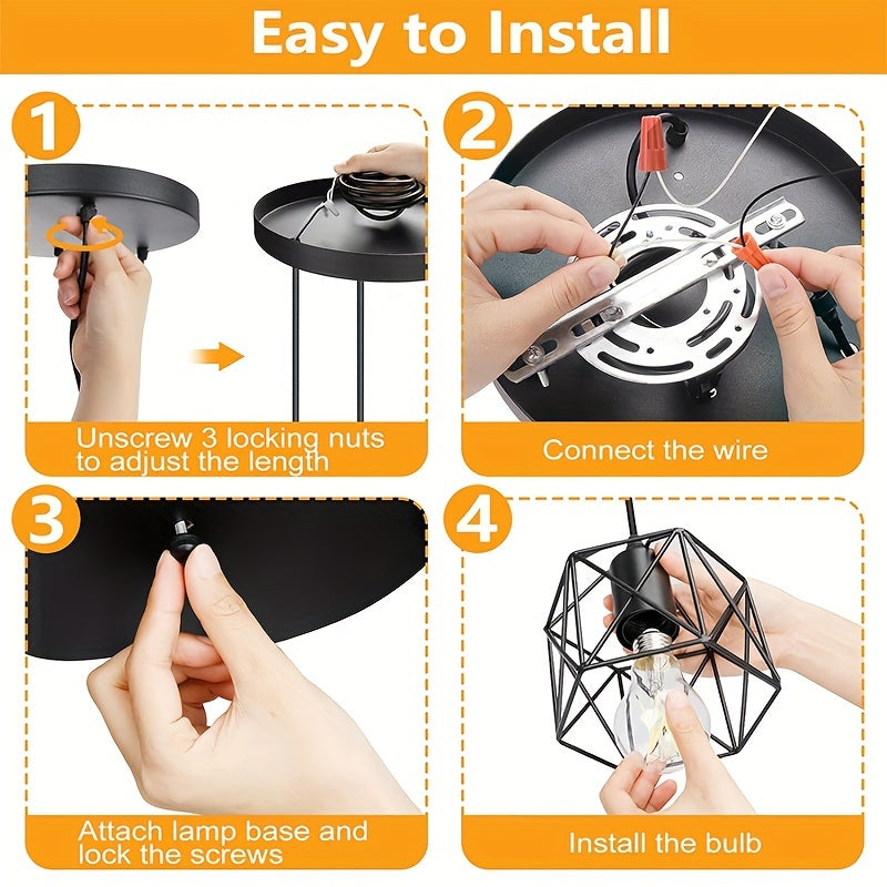 1pc 1/3 Heads Industrial Pendant, Adjustable Hanging Light Fixture, Vintage Farmhouse Pendant Light, With Metal Caged E26 Base, For Kitchen Island Dining Room Living Room