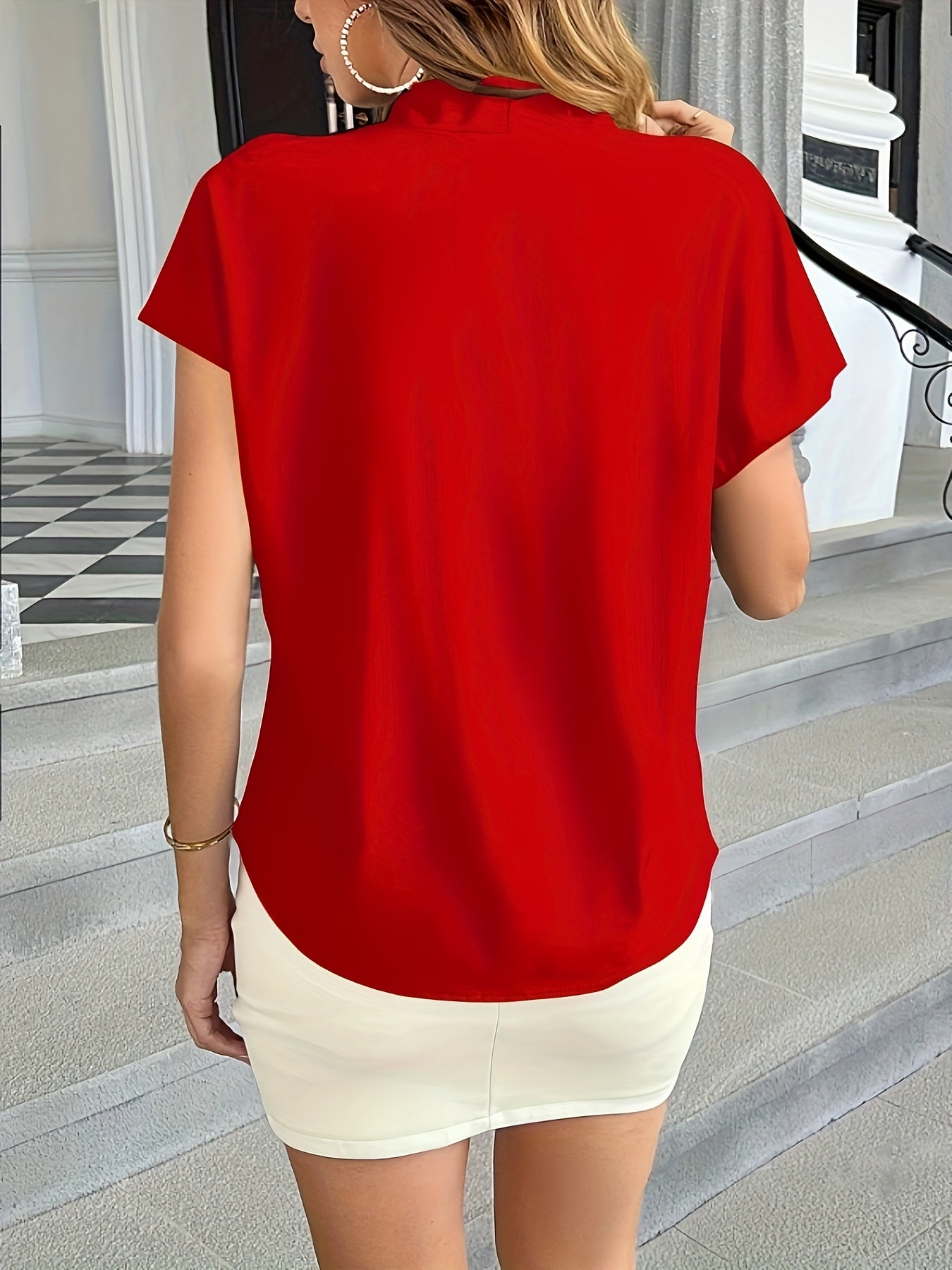 Solid V-neck Simple Blouse, Versatile Short Sleeve Blouse For Spring & Summer, Women's Clothing