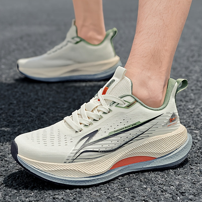 Men's All-Season Running Shoes - Breathable Knit Gym Sneakers with Cushioned MD Sole, Non-Slip Grip - Lightweight Sneakers for Marathon, Training, Everyday - White/Green/Orange Accent - Lace-Up Closure, Marathon Footwear, Geo