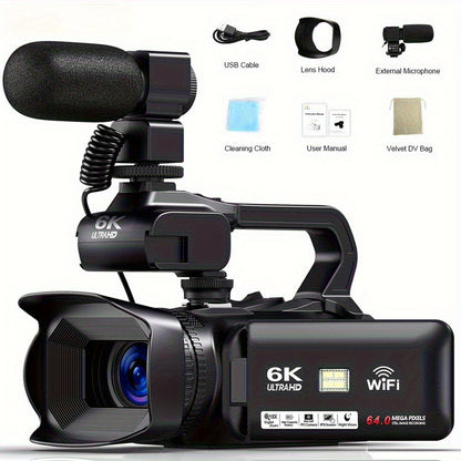YISENCE 6K Camcorder Video Camera 64MP 18X Digital Zoom IR Night Vision Vlogging Camera for YouTube 10.16cm Touch Screen Digital Camera with WiFi, Microphone, Remote Control, Charger, Stabilizer and 64G SD Card