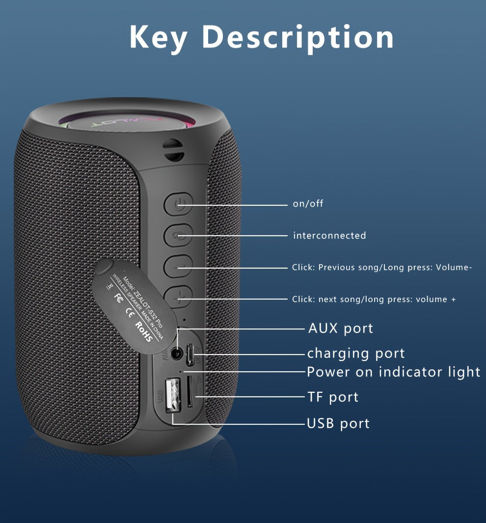 2024 New Style Zealot S32 Pro Wireless Speakers, Featuring Dual Pairing, a 3600Mah Battery, And 12 Hours of Loud Stereo Playtime with Booming Bass, Includes a Type-C Charging Cable for Connection with Mobile Phones, Tablets,