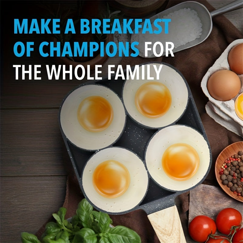 4-Hole Non-Stick Frying Pan with Wooden Handle - Maifanstone Coating, Induction Compatible, Durable Cookware for Eggs, Pancakes, and More, Modern Kitchen Cookware | Ideal Gift For Holidays, Christmas, Halloween, Frying Pan Fo