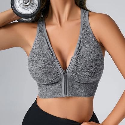 Women's Seamless Sports Bra With Zipper Front, Wide Shoulder Straps, Padded, Wire-Free, Comfort Fit, Racerback, Gym Fitness Yoga Bra Top