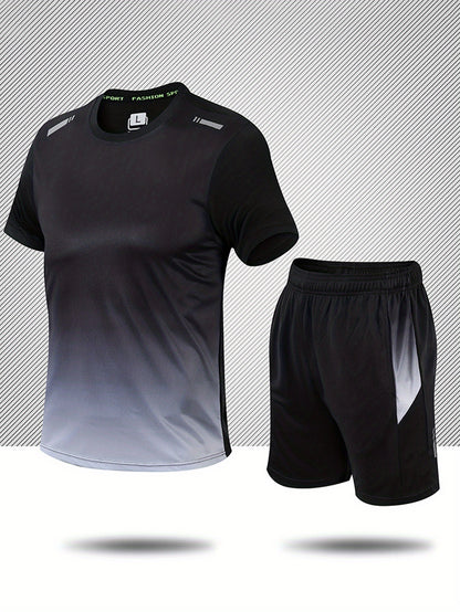 2-piece Men's Summer Basketball Training Running Outfit Set, Gradient Short Sleeve T-shirt & Quick-drying Shorts Set