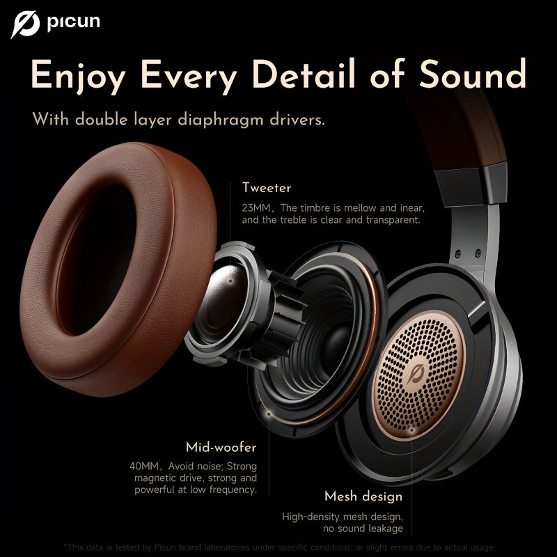 Picun Wireless Over-Ear Headphones, HiFi Stereo, Deep Bass, Foldable Design, 30-Hour Battery, Built-in Mic. Lightweight Brown Leatherette Finish, Perfect for Gaming, PC, and On-the-Go Use.