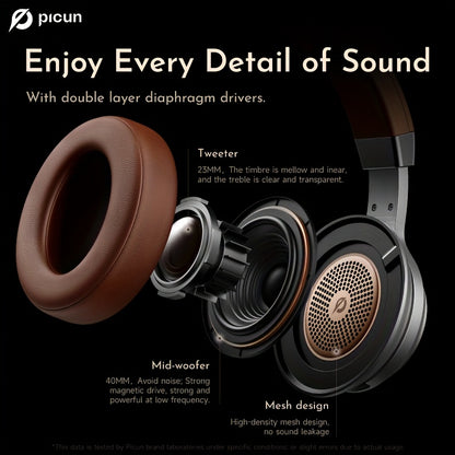 Picun Wireless Over-Ear Headphones, HiFi Stereo, Deep Bass, Foldable Design, 30-Hour Battery, Built-in Mic. Lightweight Brown Leatherette Finish, Perfect for Gaming, PC, and On-the-Go Use.