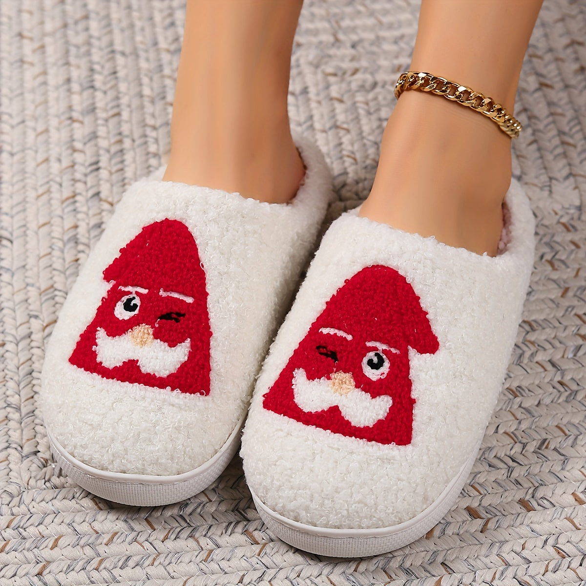 Christmas Tree Pattern Fuzzy Slippers, Winter Warm Closed Toe Flat Floor Shoes, Cozy Soft Sole Plush Home Slippers