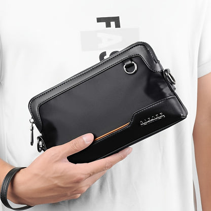 Men's Luxury Multi-Functional Handbag & Wallet in One - Dark Navy Blue/Black with Golden-Tone Hardware, Soft Silky Texture, Golden-Tone Hardware, Zipper Closure & Detachable Strap - Travel, Commute, Formal & Everyday Use - Id