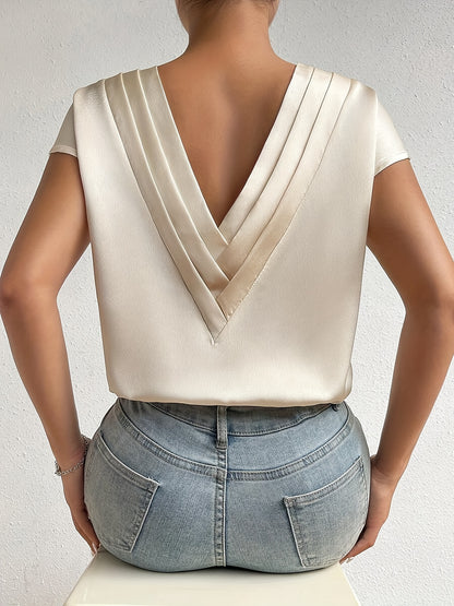 Solid Color V-neck Loose Blouse, Elegant Short Sleeve Blouse For Spring & Summer, Women's Clothing