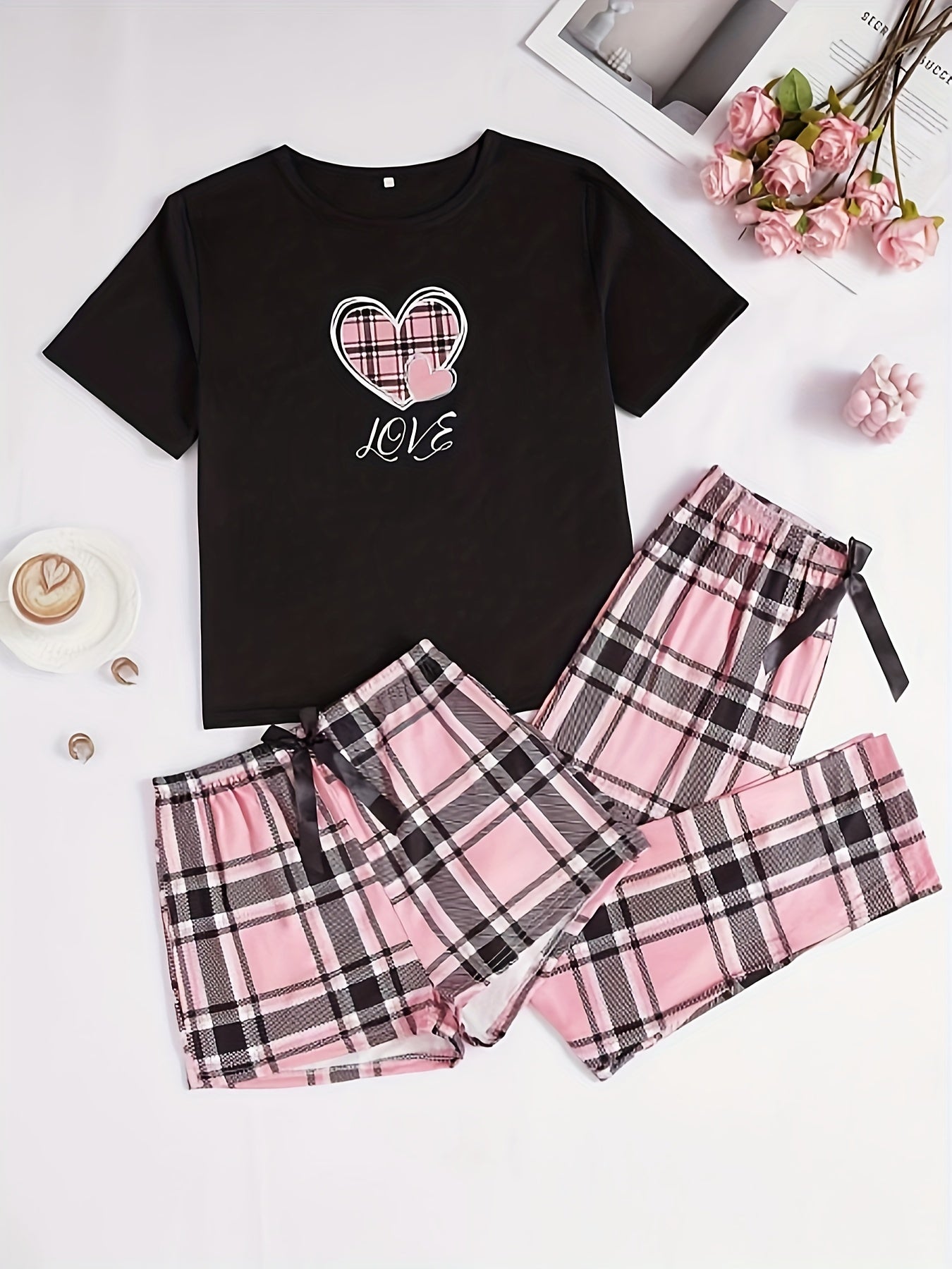 3pcs Casual Women'S Pink Heart Plaid Pajama Set with Round Neck And Plaid Pattern for Adults in Polyester