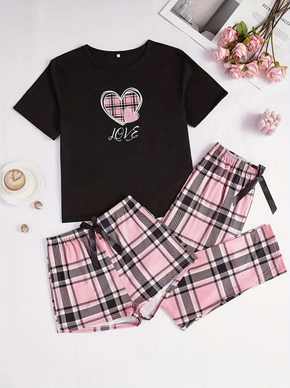 3pcs Casual Women'S Pink Heart Plaid Pajama Set with Round Neck And Plaid Pattern for Adults in Polyester