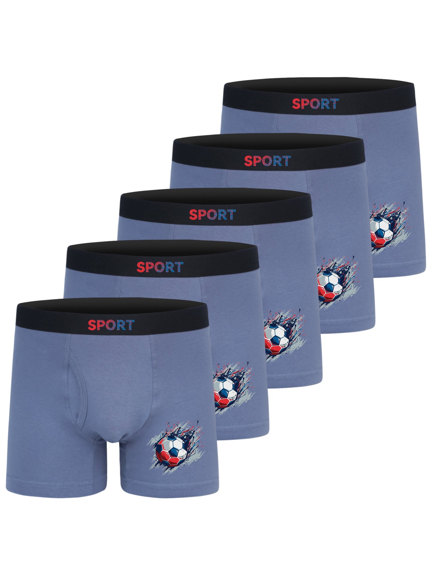 5pcs Football Print Boxer Briefs for Teen Boys - Breathable, Stretchy, Comfort Fit with Elastic Waistband & Half-Button Closure, Black with White & Red Soccer Design, Sports Underwear, Youth Athletic Wear, Sporty Boxers, Brea