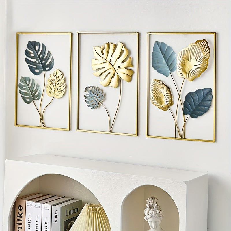 3pcs Mounted Metal Wall Decor, Thick Minimalist Metal Wall Art, Modern Metal Leaf Wall Hanging, Suitable For Sofa Backdrop Bedroom And Living Room, Golden Classic Style, No Frame, 43.94x 29.97 Cm