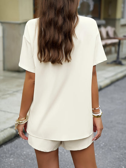 Solid Two-piece Set, Elegant Button Front Shirt & Drawstring Shorts Outfits, Women's Clothing