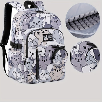 Casual Fashion Cartoon Cats Print Knapsack With Adjustable Strap And Large Capacity, Zip Up, Trendy Backpack For Travel And School