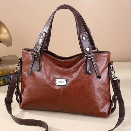Women'S Vintage Handbag with Adjustable Shoulder Strap, Multiple Pockets & Soft Oil Edge Detail - Burgundy Polyester Lining, Zipper Closure, Elegant Accessory for Mother'S Day Gifts, Elegant Handbag | Vintage Tote Design | So