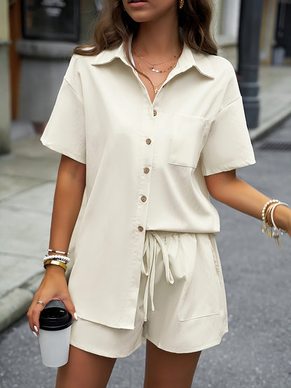 Solid Two-piece Set, Elegant Button Front Shirt & Drawstring Shorts Outfits, Women's Clothing