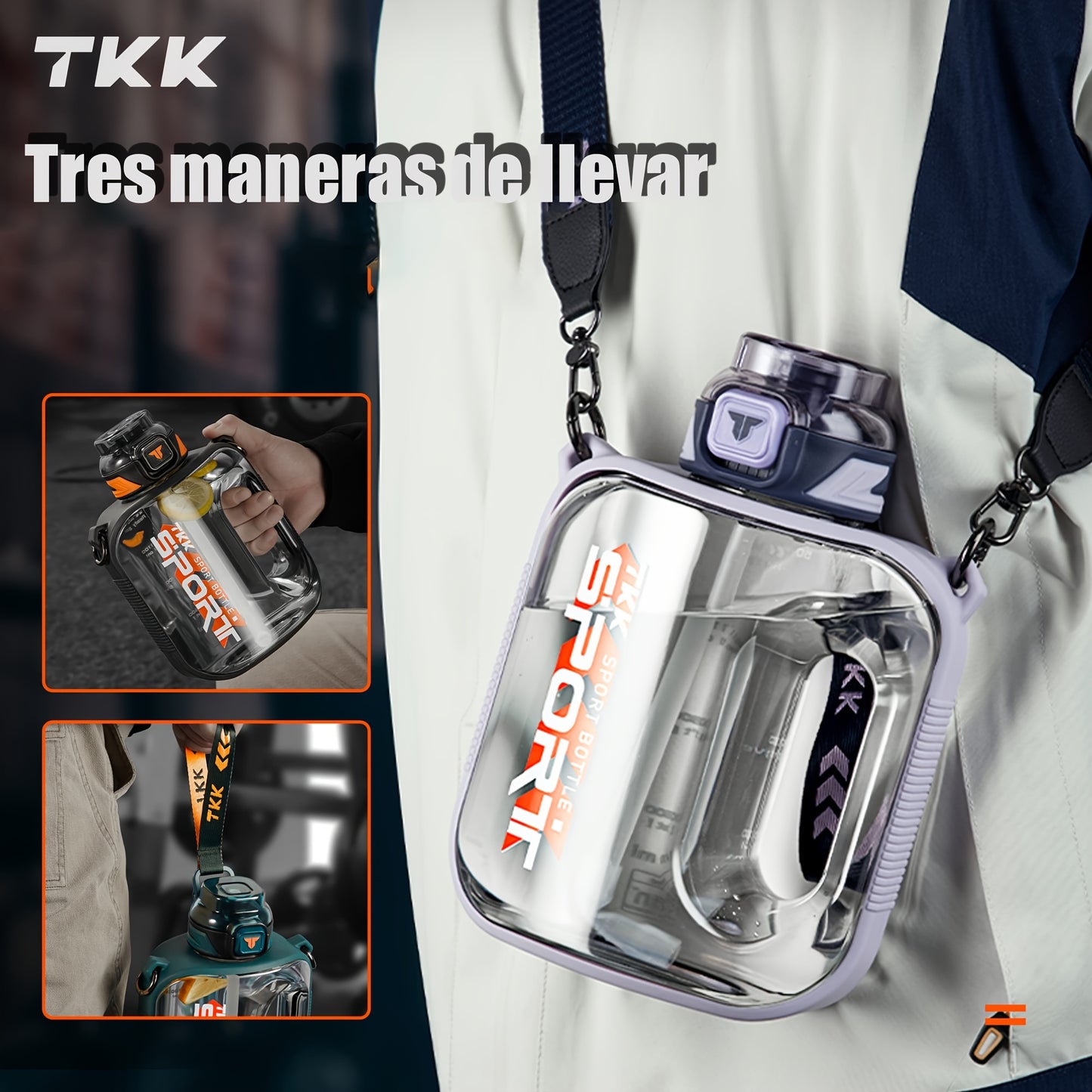 Garrafa de água de plástico com estampado de letras TKK, garrafa desportiva à prova de fugas com alça e alça de ombro, portátil para exercício e viagens.