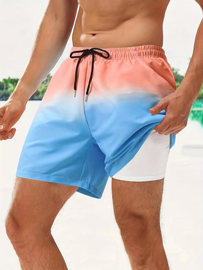 Men's Gradient Beach Shorts - Quick-Dry, Drawstring Waist, Pockets, Polyester, Ideal for Summer Activities & Casual Wear, Casual Summer Shorts|Summer Fashion Shorts|Lightweight Shorts