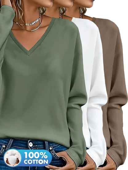 3pcs Women'S 100% V-Neck Long Sleeve T-Shirts - Soft, Durable, and Comfortable Casual Wear for All Seasons, Perfect for Holidays, Graduations, and Everyday Style, Everyday Comfort Wear | Minimalist Style | Soft Fabric Tee