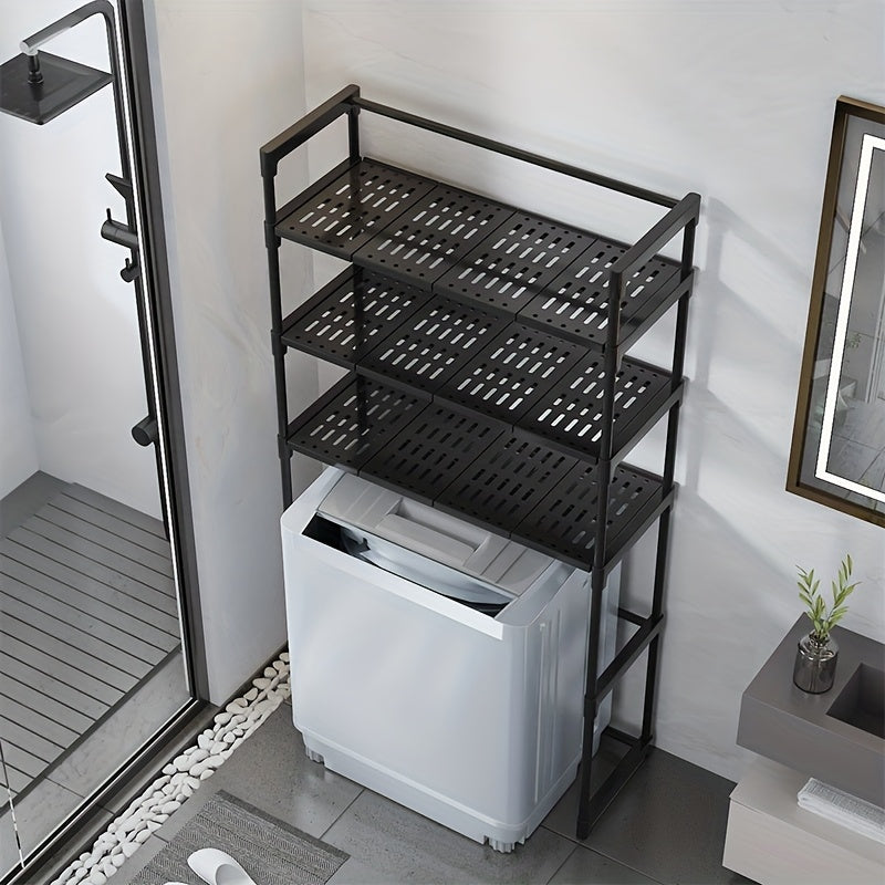 3-Tier Bathroom Storage Shelves with Toilet Rack & Towel Bar – Space-Saving Corner Organizer for Towels, Toiletries, and Laundry Accessories, Black Plastic Freestanding Design for Modern Bathrooms, DOCOXO, Shelves