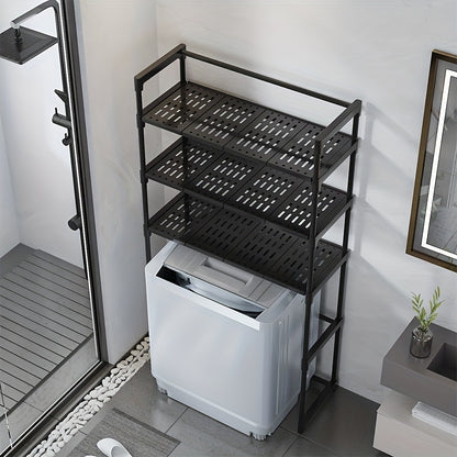 3-Tier Bathroom Storage Shelves with Toilet Rack & Towel Bar – Space-Saving Corner Organizer for Towels, Toiletries, and Laundry Accessories, Black Plastic Freestanding Design for Modern Bathrooms, DOCOXO, Shelves