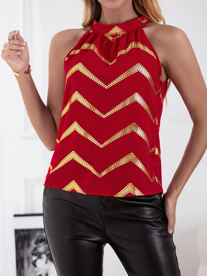 Graphic Print Tie Neck Blouse, Elegant Sleeveless Blouse For Spring & Summer, Women's Clothing
