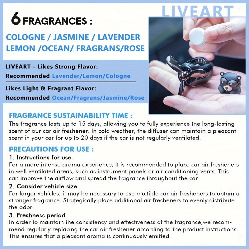 6 pastilhas de fragrância para automóvel, aromatizador de ar automóvel Pilot Bear, recarga de perfume para saída de ar do automóvel, acessórios para automóvel, aroma de longa duração.