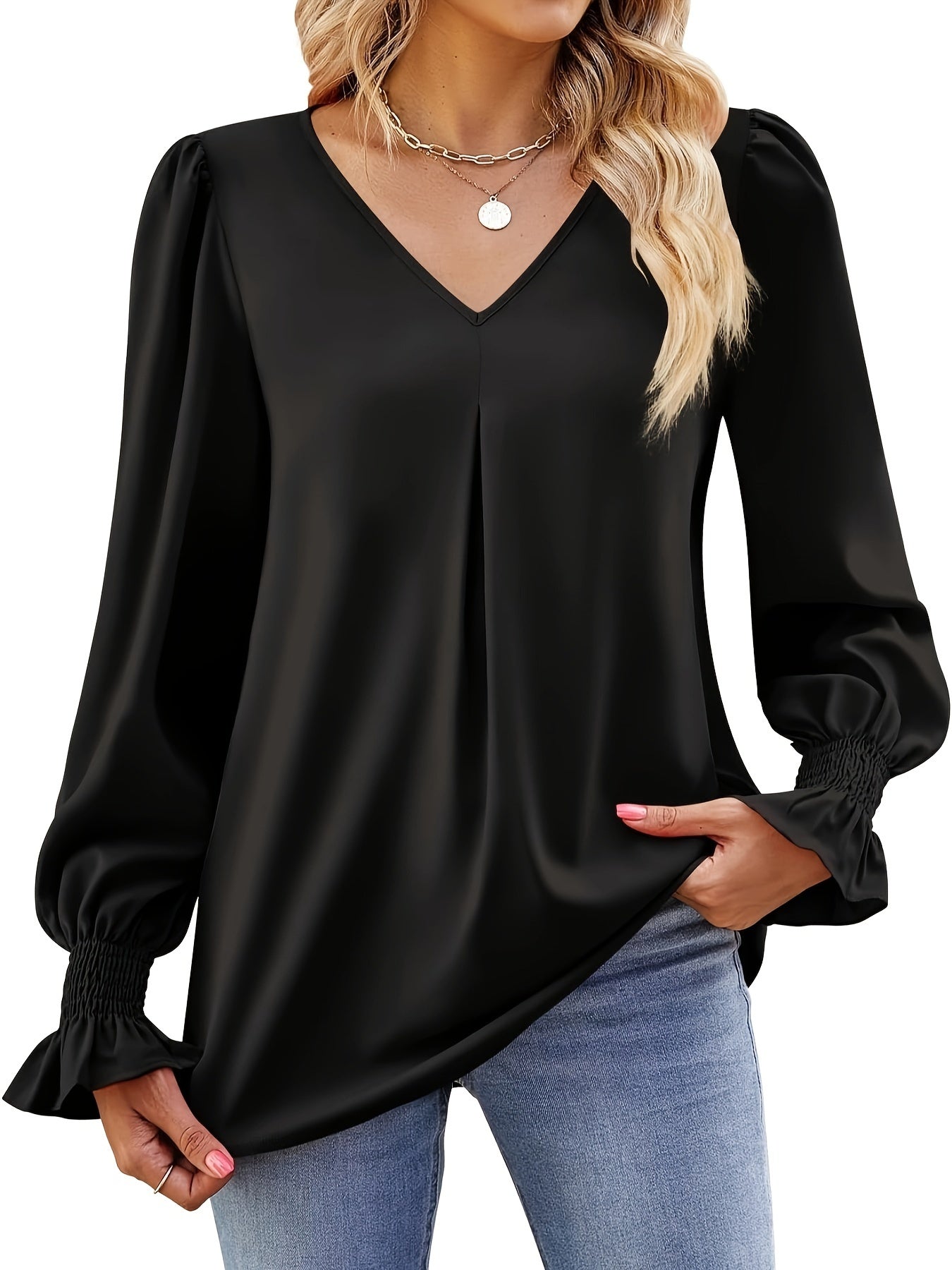 Solid V Neck Simple Blouse, Elegant Long Sleeve Ruched Blouse, Women's Clothing