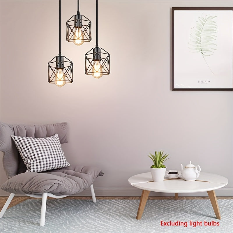 1pc 1/3 Heads Industrial Pendant, Adjustable Hanging Light Fixture, Vintage Farmhouse Pendant Light, With Metal Caged E26 Base, For Kitchen Island Dining Room Living Room