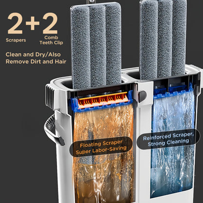 Large Flat Mop And Bucket Set with Wringer, Hands Free Commercial Floor Mop And Bucket for Deep Cleaning, Wet And Dry Use, Wash&Dry Dual Tank, with 2 Reusable Microfiber Pads, Space-Saving Design for Hardwood, Tile, Laminate